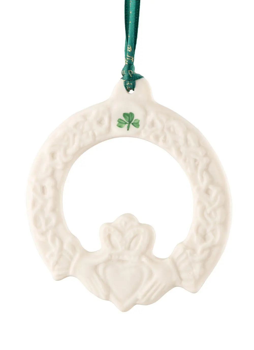 Claddagh Friendship Ornament with a green shamrock painted hanging from a green ribbon isolated on a white background